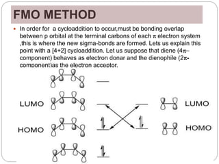 FMO METHOD
 In order for a cycloaddition to occur,must be bonding overlap
between p orbital at the terminal carbons of each  electron system
,this is where the new sigma-bonds are formed. Lets us explain this
point with a [4+2] cycloaddition. Let us suppose that diene (4-
component) behaves as electron donar and the dienophile (2-
component)as the electron acceptor.
 