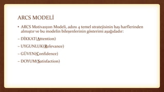 ARCS MODELİ
• ARCS Motivasyon Modeli, adını 4 temel stratejisinin baş harflerinden
almıştır ve bu modelin bileşenlerinin gösterimi aşağıdadır:
– DİKKAT(Attention)
– UYGUNLUK(Relevance)
– GÜVEN(Confidence)
– DOYUM(Satisfaction)
 
