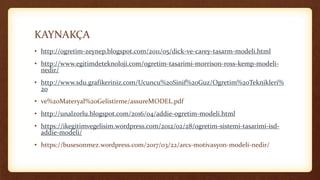 KAYNAKÇA
• http://ogretim-zeynep.blogspot.com/2011/05/dick-ve-carey-tasarm-modeli.html
• http://www.egitimdeteknoloji.com/ogretim-tasarimi-morrison-ross-kemp-modeli-
nedir/
• http://www.sdu.grafikeriniz.com/Ucuncu%20Sinif%20Guz/Ogretim%20Teknikleri%
20
• ve%20Materyal%20Gelistirme/assureMODEL.pdf
• http://unalzorlu.blogspot.com/2016/04/addie-ogretim-modeli.html
• https://ikegitimvegelisim.wordpress.com/2012/02/28/ogretim-sistemi-tasarimi-isd-
addie-modeli/
• https://busesonmez.wordpress.com/2017/03/22/arcs-motivasyon-modeli-nedir/
 