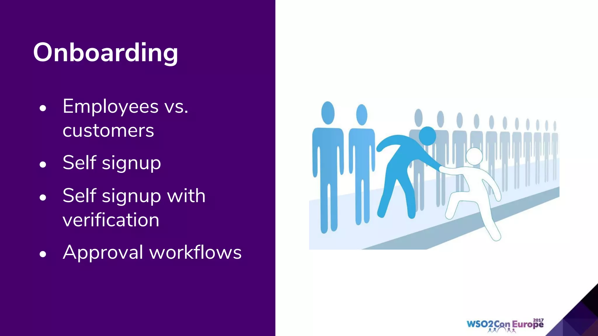 Onboarding
• Employees vs.
customers
• Self signup
• Self signup with
verification
• Approval workflows