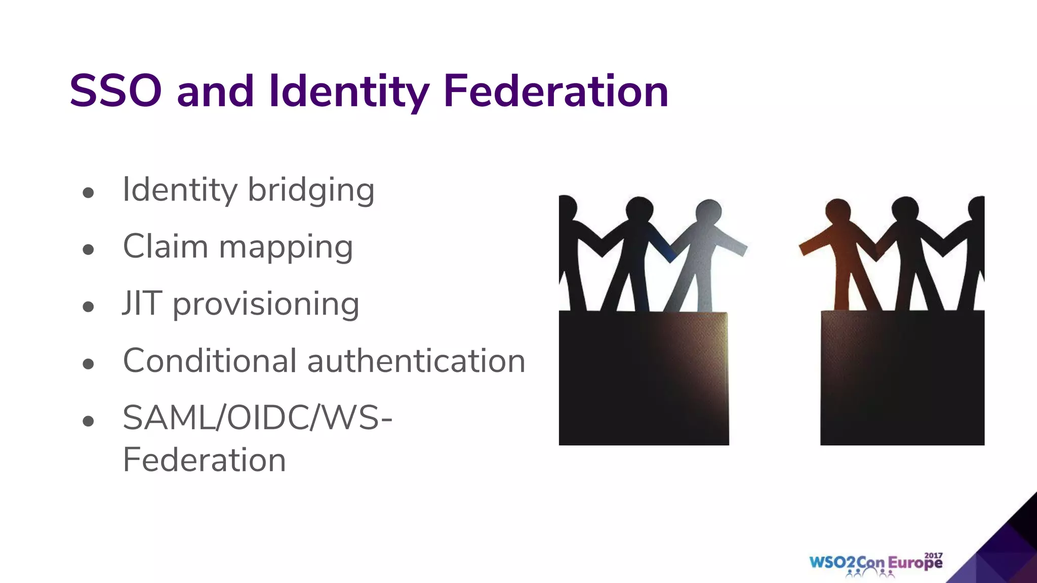 SSO and Identity Federation
• Identity bridging
• Claim mapping
• JIT provisioning
• Conditional authentication
• SAML/OIDC/WS-
Federation