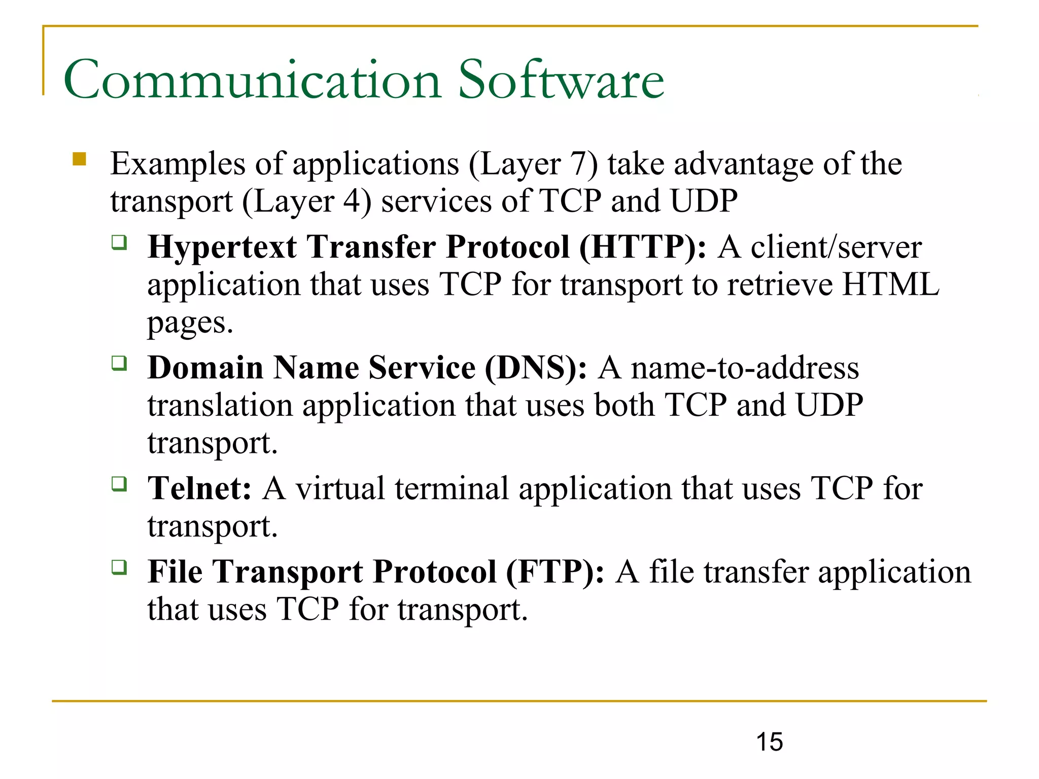 15
Communication Software
 Examples of applications (Layer 7) take advantage of the
transport (Layer 4) services of TCP and UDP
 Hypertext Transfer Protocol (HTTP): A client/server
application that uses TCP for transport to retrieve HTML
pages.
 Domain Name Service (DNS): A name-to-address
translation application that uses both TCP and UDP
transport.
 Telnet: A virtual terminal application that uses TCP for
transport.
 File Transport Protocol (FTP): A file transfer application
that uses TCP for transport.
 