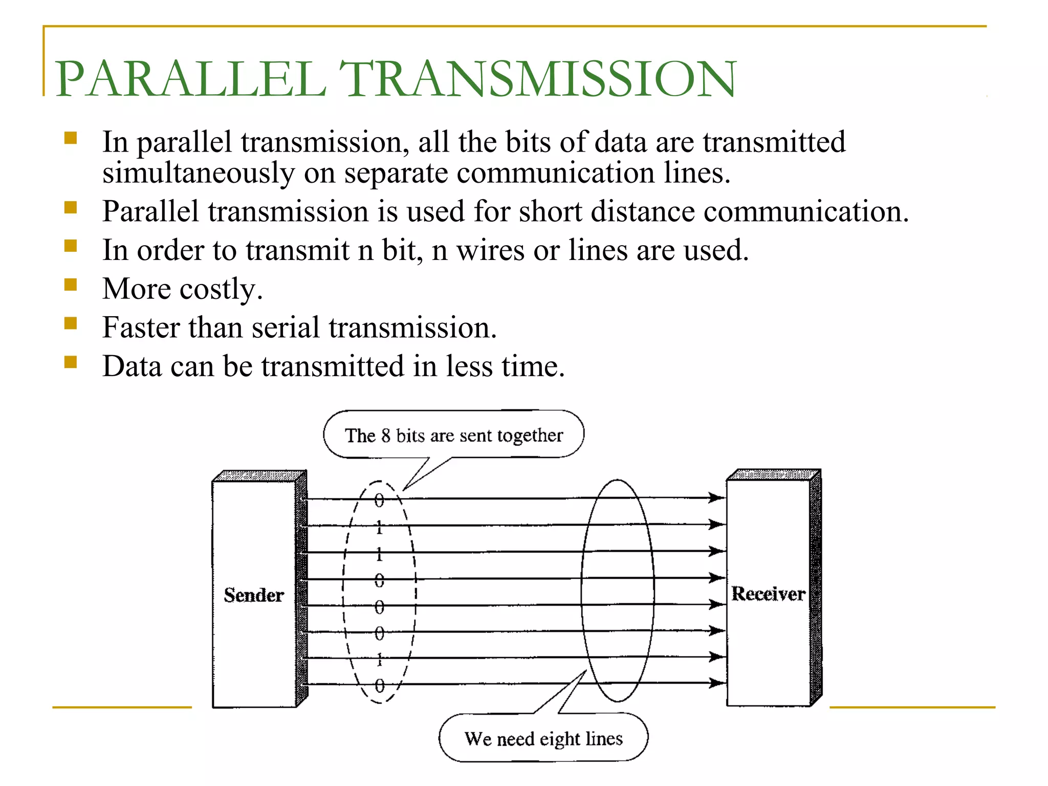 55
PARALLEL TRANSMISSION
 In parallel transmission, all the bits of data are transmitted
simultaneously on separate communication lines.
 Parallel transmission is used for short distance communication.
 In order to transmit n bit, n wires or lines are used.
 More costly.
 Faster than serial transmission.
 Data can be transmitted in less time.
 
