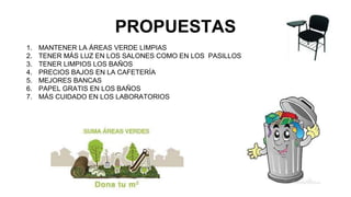 PROPUESTAS
1. MANTENER LA ÁREAS VERDE LIMPIAS
2. TENER MÁS LUZ EN LOS SALONES COMO EN LOS PASILLOS
3. TENER LIMPIOS LOS BAÑOS
4. PRECIOS BAJOS EN LA CAFETERÍA
5. MEJORES BANCAS
6. PAPEL GRATIS EN LOS BAÑOS
7. MÁS CUIDADO EN LOS LABORATORIOS
 