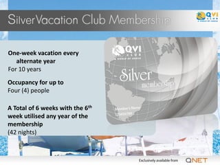 One-week vacation every
   alternate year
For 10 years
Occupancy for up to
Four (4) people

A Total of 6 weeks with the 6th
week utilised any year of the
membership
(42 nights)
 