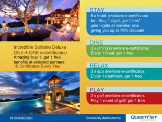 IR ID:HZ032360 Incredible Solitaire Deluxe  ONE-4-ONE e-certificates! Amazing 'buy 1, get 1 free'  benefits at selected pa...