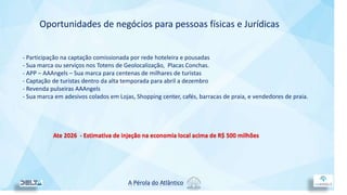 A Pérola do Atlântico
Oportunidades de negócios para pessoas físicas e Jurídicas
- Participação na captação comissionada por rede hoteleira e pousadas
- Sua marca ou serviços nos Totens de Geolocalização, Placas Conchas.
- APP – AAAngels – Sua marca para centenas de milhares de turistas
- Captação de turistas dentro da alta temporada para abril a dezembro
- Revenda pulseiras AAAngels
- Sua marca em adesivos colados em Lojas, Shopping center, cafés, barracas de praia, e vendedores de praia.
Ate 2026 - Estimativa de injeção na economia local acima de R$ 500 milhões
 