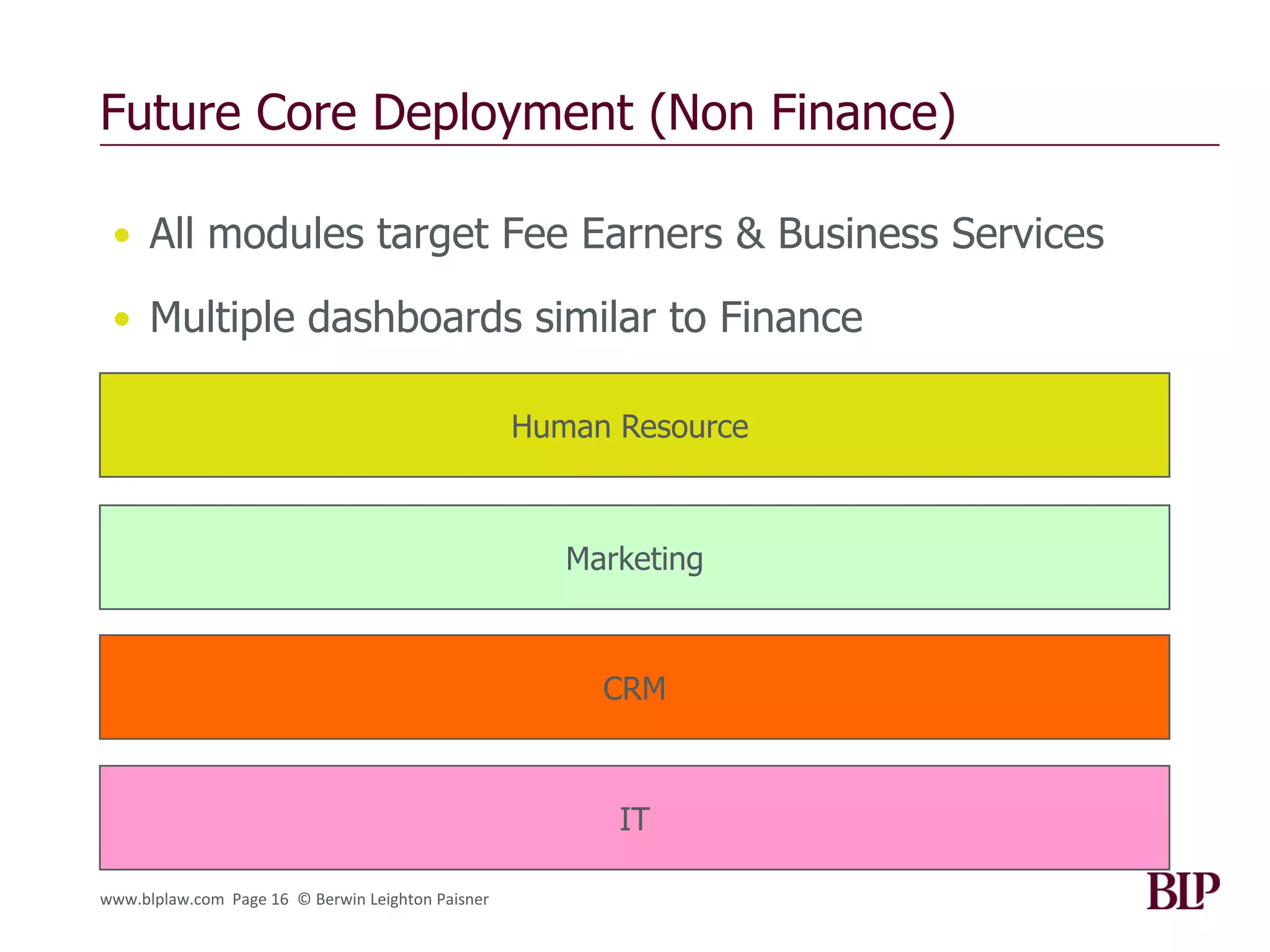 Future Core Deployment (Non Finance)

 • All modules target Fee Earners & Business Services

 • Multiple dashboards similar to Finance

                                                   Human Resource



                                                      Marketing



                                                        CRM



                                                         IT

www.blplaw.com Page 16 © Berwin Leighton Paisner
 