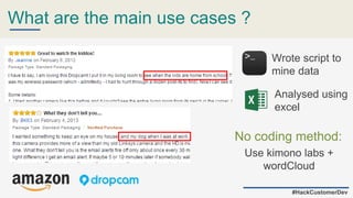 What are the main use cases ?
#HackCustomerDev
Wrote script to
mine data
Analysed using
excel
No coding method:
Use kimono labs +
wordCloud
 