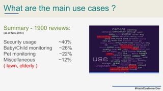What are the main use cases ?
#HackCustomerDev
Summary - 1900 reviews:
(as of Nov 2014)
Security usage ~40%
Baby/Child monitoring ~26%
Pet monitoring ~22%
Miscellaneous ~12%
( lawn, elderly )
 