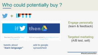 Who could potentially buy ?
#HackCustomerDev
Engage personally
(learn & feedback)
Targeted marketing
(A/B test, sell)
+
tweets about
“learn language”
add to google
spreadsheet
 