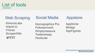 List of tools
#HackCustomerDev
Demographics Pro
Followermonk
Simplymeasure
Twittersheep
Hootsuite
Web Scraping
KimonoLabs
Import.io
Fminer
ScraperWiki
Social Media Appstore
AppAnnie
MoApp
AppFigures
IFTTT
 