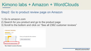 Kimono labs + Amazon + WordClouds
#HackCustomerDev
Step2: Go to product review page on Amazon
1) Go to amazon.com
2) Search for you product and go to the product page
3) Scroll to the bottom and click on “See all 2362 customer reviews”
 