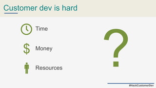 Customer dev is hard
#HackCustomerDev
Time
Money
$
Resources
 