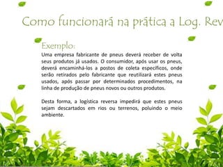 Como funcionará na prática a Log. Rev
Exemplo:
Uma empresa fabricante de pneus deverá receber de volta
seus produtos já usados. O consumidor, após usar os pneus,
deverá encaminhá-los a postos de coleta específicos, onde
serão retirados pelo fabricante que reutilizará estes pneus
usados, após passar por determinados procedimentos, na
linha de produção de pneus novos ou outros produtos.
Desta forma, a logística reversa impedirá que estes pneus
sejam descartados em rios ou terrenos, poluindo o meio
ambiente.
 