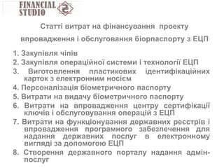 1. Закупівля чіпів
2. Закупівля операційної системи і технології ЕЦП
3. Виготовлення пластикових ідентифікаційних
карток з електронним носієм
4. Персоналізація біометричного паспорту
5. Витрати на видачу біометричного паспорту
6. Витрати на впровадження центру сертифікації
ключів і обслуговування операцій з ЕЦП
7. Витрати на функціонування державних реєстрів і
впровадження програмного забезпечення для
надання державних послуг в електронному
вигляді за допомогою ЕЦП
8. Створення державного порталу надання адмін-
послуг
Статті витрат на фінансування проекту
впровадження і обслуговання біорпаспорту з ЕЦП
 