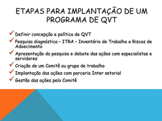 ETAPAS PARA IMPLANTAÇÃO DE UM 
PROGRAMA DE QVT 
 Definir concepção e política de QVT 
 Pesquisa diagnóstica – ITRA – Inventário de Trabalho e Riscos de 
Adoecimento 
 Apresentação da pesquisa e debate das ações com especialistas e 
servidores 
 Criação de um Comitê ou grupo de trabalho 
 Implantação das ações com parceria Inter setorial 
 Gestão das ações pelo Comitê 
 