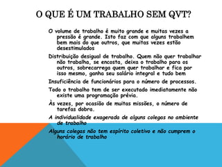 O QUE É UM TRABALHO SEM QVT? 
O volume de trabalho é muito grande e muitas vezes a 
pressão é grande. Isto faz com que alguns trabalhem 
bem mais do que outros, que muitas vezes estão 
desestimulados 
Distribuição desigual de trabalho. Quem não quer trabalhar 
não trabalha, se encosta, deixa o trabalho para os 
outros, sobrecarrega quem quer trabalhar e fica por 
isso mesmo, ganha seu salário integral e tudo bem 
Insuficiência de funcionários para o número de processos. 
Todo o trabalho tem de ser executado imediatamente não 
existe uma programação prévia. 
Às vezes, por ocasião de muitas missões, o número de 
tarefas dobra. 
A individualidade exagerada de alguns colegas no ambiente 
de trabalho 
Alguns colegas não tem espírito coletivo e não cumprem o 
horário de trabalho 
 