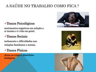 A SAÚDE NO TRABALHO COMO FICA ? 
Danos Psicológicos 
sentimentos negativos em relação a 
si mesmo e à vida em geral. 
Danos Sociais 
isolamento e dificuldades nas 
relações familiares e sociais. 
Danos Físicos 
dores no corpo e distúrbios 
biológicos 
 
