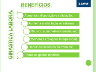 Aumenta a disposição e satisfação;
Aumenta a tolerância ao estresse;
Reduz o absenteísmo (ausências);
Melhora as relações interpessoais;
Reduz os acidentes do trabalho;
Reduz os gastos médicos.
 