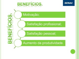 Motivação;
Satisfação profissional;
Satisfação pessoal;
Aumento da produtividade.
 