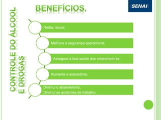 Reduz riscos;
Melhora a segurança operacional;
Assegura a boa saúde dos colaboradores;
Aumenta a autoestima;
Diminui o absenteísmo;
Diminui os acidentes de trabalho.
 