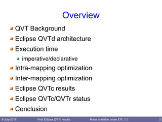 8-July-2016 First Eclipse QVTc results 2Made available under EPL 1.0
Overview
QVT Background
Eclipse QVTd architecture
Execution time
imperative/declarative
Intra-mapping optimization
Inter-mapping optimization
Eclipse QVTc results
Eclipse QVTc/QVTr status
Conclusion
 
