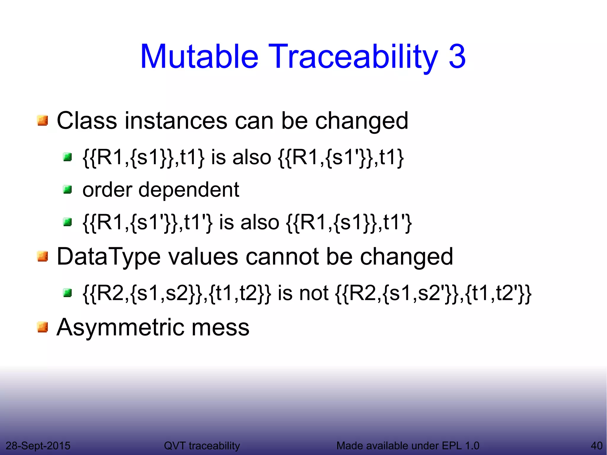 28-Sept-2015 QVT traceability 40Made available under EPL 1.0
Mutable Traceability 3
Class instances can be changed
{{R1,{s1}},t1} is also {{R1,{s1'}},t1}
order dependent
{{R1,{s1'}},t1'} is also {{R1,{s1}},t1'}
DataType values cannot be changed
{{R2,{s1,s2}},{t1,t2}} is not {{R2,{s1,s2'}},{t1,t2'}}
Asymmetric mess
 