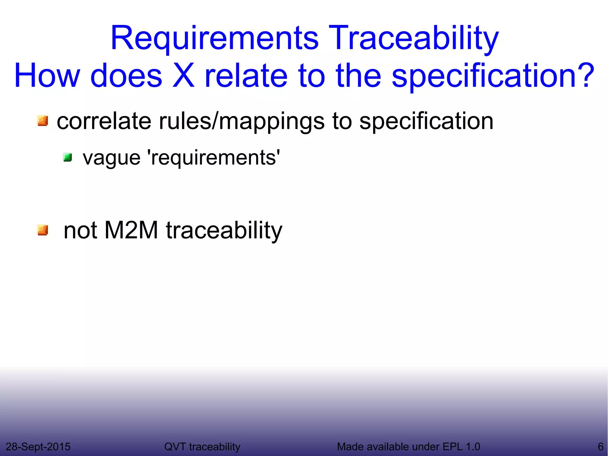 28-Sept-2015 QVT traceability 6Made available under EPL 1.0
Requirements Traceability
How does X relate to the specification?
correlate rules/mappings to specification
vague 'requirements'
not M2M traceability
 