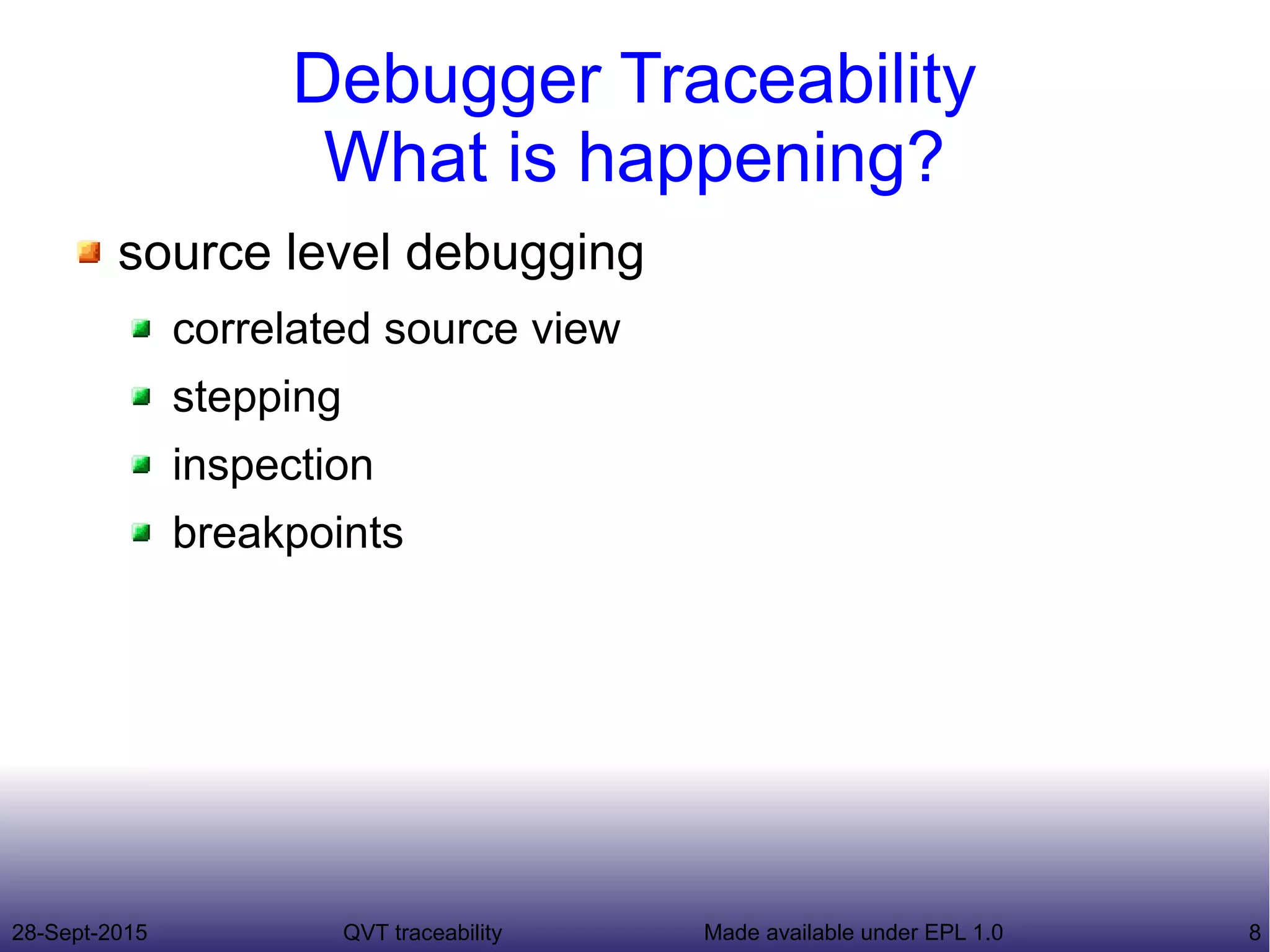 28-Sept-2015 QVT traceability 8Made available under EPL 1.0
Debugger Traceability
What is happening?
source level debugging
correlated source view
stepping
inspection
breakpoints
 
