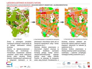 Projekt realizowany w ramach programu
Obywatele dla Demokracji, finansowanego z Funduszy EOG
Partnerstwo: Patronat:
Zmiany w postrzeganiu priorytetów
rozwojowych przestrzeni muszą zacząć się
od dobrego zdefiniowania struktury
docelowej.
Obecnie, na Ujeścisku-Łostowicach ,
dominującą jest monofunkcyja i
monostruktura mieszkaniowa osadzona
„gniazdowo” pośród bardzo atrakcyjnych
terenów zieleni naturalnej. Rozwój
obszarów mieszkaniowych pojmowany jest
w kategoriach ilościowych, a nie
jakościowych. Komunikacja oparta jest na
transporcie indywidualnym, usługi – bardzo
rozproszone (rys 1).
Docelowa struktura proponowana w
dokumentach miejskich utrzymuje tę
tendencję. Dodatkowo wprowadza
koncepcję jednego, dużego centrum
usługowo-administracyjnego mającego
obsłużyć obszar całego Gdańska
Południe, nie wskazując na rozwiązania
wobec usług drobnych. Konsekwentnie, w
docelowej strukturze zakładana jest
konieczność realizacji potężnych inwestycji
drogowych, obliczonych na całkowite jej
wypełnienie (rys 2).
Docelowa struktura proponowana w
Strategii prezentuje wariant oszczędniejszy,
czytelniejszy i częściowo porządkujący
narastające konflikty przestrzenne (rys 3)
Opracowani
e:
UJEŚCISKO-ŁOSTOWICE W ZGODZIE Z NATURĄ
IDEOGRAM PRZEKSZTAŁCEŃ PRZESTRZENI PUBLICZNEJ
1. STAN ISTNIEJĄCY 2. STAN PROPONOWANY W DOKUMENTACH MIEJSKICH 3. STAN DOCELOWY PROPONOWANY W STRATEGII
CZĘŚĆ OPRACOWANIA Z UDZIAŁEM MIESZKAŃCÓW – DZIELNICOWE WARSZTATY URBANISTYCZNE – ZAŁOŻENIA MIKROSTRATEGII
 