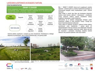 Projekt realizowany w ramach programu
Obywatele dla Demokracji, finansowanego z Funduszy EOG
Partnerstwo: Patronat:
Opracowani
e:
Dogopolis
Ścieżki i
tarasy
widokowe
DBAMY O ZASOBY
ochrona, propagowanie i wzmacnianie walorów krajobrazu dzielnicy, poszukiwania możliwości dla jej
zrównoważonego rozwoju, poszukiwanie możliwości udostępnienia wód na cele rekreacyjne lub
możliwości przywrócenia im ich naturalnego dzikiego charakteru;
Park
Południowy
Naturalizacja
zbiorników
retencyjnych
Odkrycie
kanału
deszczowego
-SUDS
Zielone
mikroskwerki
Lekcje w
krajobrazie
Pomosty,
rekreacja
nad wodą
Blok I DBAMY O ZASOBY odnosi się do wyjątkowych zasobów
Ujeściska - Łostowice jakimi są: wartości krajobrazowe wynikające ze
zróżnicowanej topografii, tereny niezabudowane, potoki i zbiorniki
retencyjne.
Celem działań w ramach tego bloku jest zbudowanie tożsamości
dzielnicy wokół terenów zielonych i rekreacyjnych i umożliwienie
zmiany wizerunku dzielnicy poprzez umożliwienie rozwoju
działalności rekreacyjnej, a nawet turystycznej.
Jednocześnie są to działania wzbogacające istniejące „puste”
przestrzenie, nadając im nowe znaczenia, funkcje i budując tym
samym hierarchię przestrzeni publicznych.
Tereny zielone na Ujeścisku są jednym z głównych atutów dzielnicy
wymienianych przez mieszkańców i wysoka jakość ich
zagospodarowania może być konieczna, aby zbalansować niewysoką
jakość architektury powstałych dotychczas osiedli. Ważne jest przy
tym docenienie i zachowanie naturalnego charakteru terenów
zielonych, który wyróżnia Ujeścisko na tle innych dzielnic.
Zielone
ciągi piesze
Land – Art
Sztuka w
krajobrazie
UJEŚCISKO-ŁOSTOWICE W ZGODZIE Z NATURĄ
INNE DZIAŁANIA
Schemat zakłada uzupełnianie i rozwijanie go przez mieszkańców. Przedstawione w Strategii
aktywności są propozycjami. Jest to metoda budowania wizji, a nie gotowy projekt.
Singapur, Bishan Park – przykład renaturalizacji systemu kanalizacji deszczowej
(SUDS)
Francja, Mont Evrin Park – przykład „naturalistycznego”
parku na obrzeżu dzielnicy mieszkaniowej
Francja, Rueil Malmaison – przykład zielonego mikroskwerku przy skrzyżowaniu dróg
STRUKTURA MIKROSTRATEGII
 