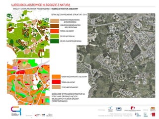 Projekt realizowany w ramach programu
Obywatele dla Demokracji, finansowanego z Funduszy EOG
Partnerstwo: Patronat:
Opracowani
e:
UJEŚCISKO-ŁOSTOWICE W ZGODZIE Z NATURĄ
DOCELOWE WYPEŁNIENIE STRUKTUR NA
PODSTAWIE OBOWIĄZUJĄCYCH
MIEJSCOWYCH PLANÓW ZAGOSP.
PRZESTRZENNEGO
ISTNIEJĄCE WYPEŁNIENIE STRUKTUR - 2015
TEREN MIESZKANIOWO-USŁUGOWY
TEREN USŁUGOWY
TEREN MIESZKANIOWY
ANALIZY I UWARUNKOWANIA PRZESTRZENNE – ROZWÓJ STRUKTUR ZABUDOWY
ZABUDOWA MIESZKANIOWA
JEDNORODZINNA
TEREN USŁUGOWY
ZABUDOWA MIESZKANIOWA
WIELORODZINNA
ZIELEŃ NATURALNA
ZIELEŃ ZAGOSPODAROWANA
 