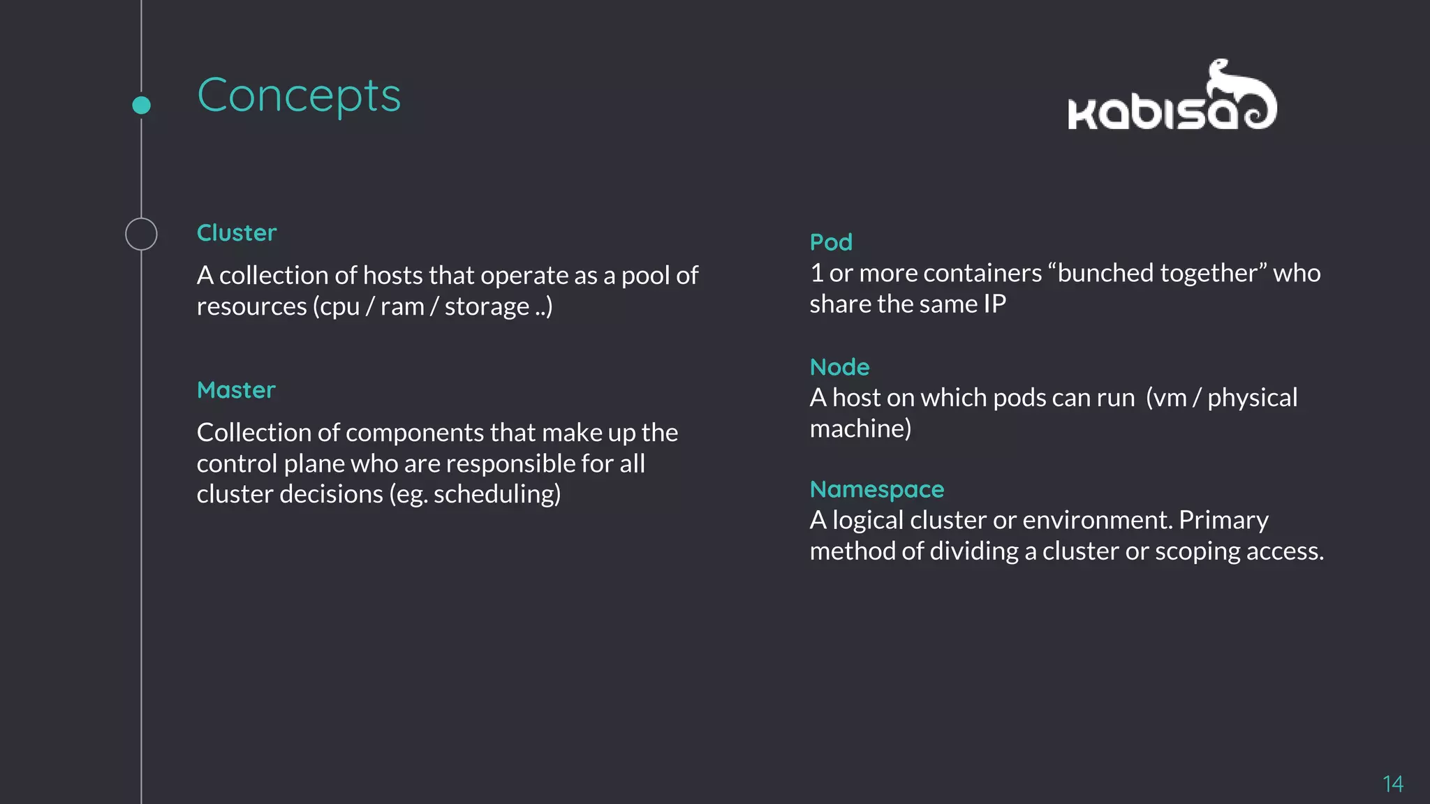 Concepts
Cluster
A collection of hosts that operate as a pool of
resources (cpu / ram / storage ..)
Master
Collection of components that make up the
control plane who are responsible for all
cluster decisions (eg. scheduling)
Pod
1 or more containers “bunched together” who
share the same IP
Node
A host on which pods can run (vm / physical
machine)
Namespace
A logical cluster or environment. Primary
method of dividing a cluster or scoping access.
14
 