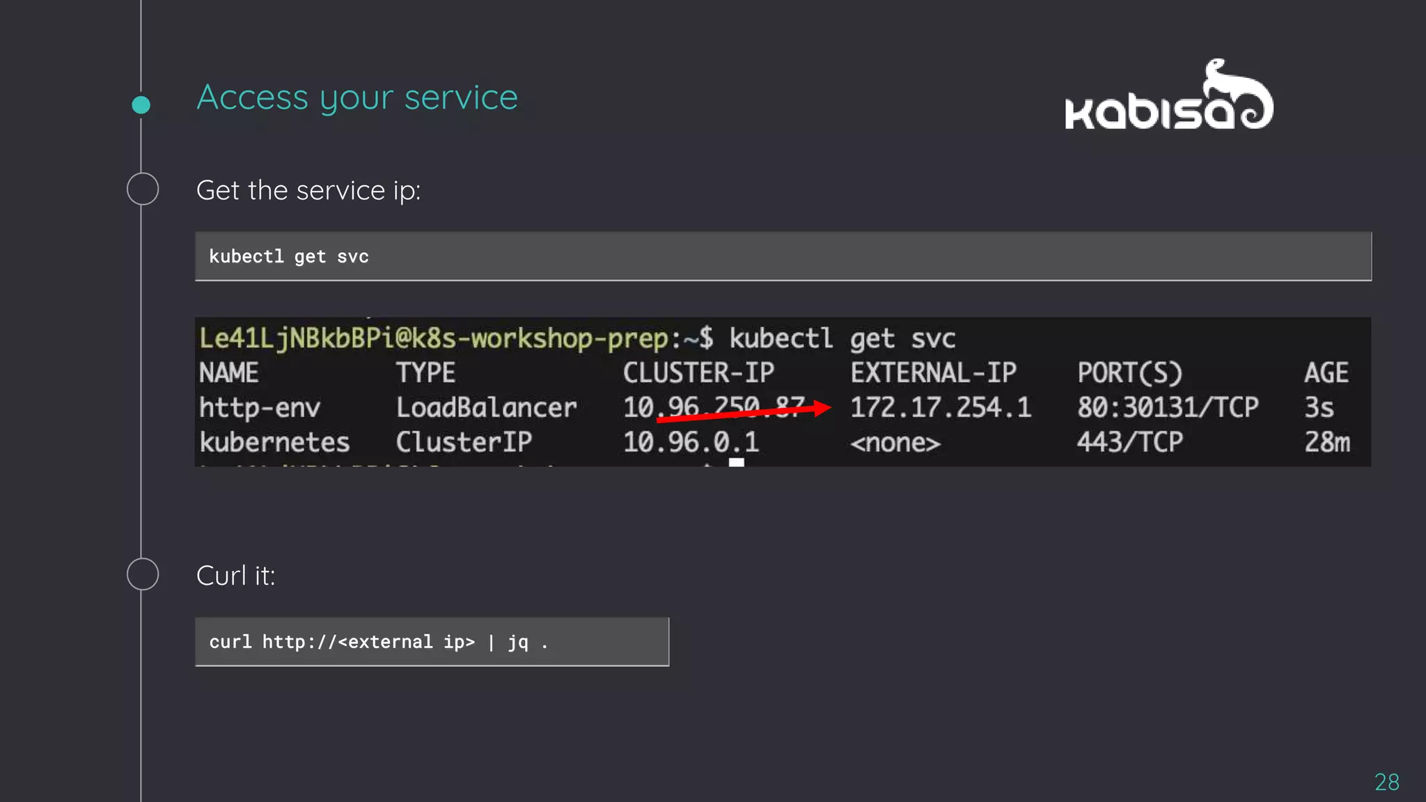 Access your service
28
Get the service ip:
kubectl get svc
Curl it:
curl http://<external ip> | jq .
 