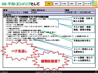 41Copyright © mediba inc. All Rights Reserved.Confidential
QA・テストエンジニアとして JPD @Net SDNA NHNJ DeNA メルカリ
業務 客先(受注会社) 期間
パーソナルコンピュータ検証 SONY 1998年11月 ～ 2003年04月
作業内容
○リカバリCDイメージの検証業務 について以下の作業を実施
・検証方針の策定（品質保証部、開発部署とともに実施）
・検証項目の策定（開発部署とともに実施）
・検証手順の作成（テスター向け手順を作成）
・テスターへの 検証指揮
・テスターからのデイリーレポートをとりまとめて、開発部へレポート
・バグ発生時の対応
（エスカレーション＆再現確認＆修正時の確認）
（内容：異常処理、設定のミス、ユーザー的 不明点・疑問点 等々）
・テスター検証工数の見積もり、スケジュール作成
（検証スタッフを、複数のチームでシェアしていますので、お互いのチームの状況に応じて、人員配備を考える）
・テスタースキルアップの為の講師（Office 関係を担当）
・テストツールの開発（EXCEL、VBA、VBスクリプト、WinBatch 等を使用）
テスト計画・分析を
導入＆実践
テスト設計・実装・
実施・管理を実施
不具合分析を学ぶ
メンバー育成による
生産性向上
ツール開発・導入で
チーム生産性向上
バグ見逃し
腱鞘炎疑惑？
 