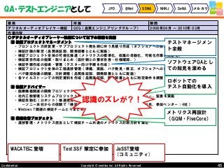45Copyright © mediba inc. All Rights Reserved.Confidential
QA・テストエンジニアとして JPD @Net SDNA NHNJ DeNA メルカリ
業務 所属 期間
デジタルオーディオプレイヤー検証 QEG（品質エンジニアリンググループ） 2008年04月 ～ 2010年 03月
作業内容
○デジタルオーディオプレーヤー検証について以下の業務を実施
■ 検証プロジェクトマネージメント
・プロジェクト方針変更・サブプロジェクト発生時に伴う見積り作成（オフショアへの発注も含む）
・検証計画の策定（品質保証部、開発部署とともに実施）
・検証プロジェクト全体の可視化推進（メトリクスの標準化、収集の自動化、可視化作業の簡略化）
・検証項目作成の指揮・取りまとめ（設計側との要求合意・仕様確認、）
・検証手順作成の指導・管理（テスター向け手順を作成）
・検証プロジェクト全体の工程進捗管理（準備、実施、バグ発見・修正、オフショアへの指示・調整）
・バグ確認会議の開催、方針調整（品質保証部、開発部署とともに実施）
・各マイルストーンでの判定資料を作成（品質保証部、開発部署とともに判定条件を調整）
■ 検証アドバイザー
・医療機器関連の開発プロジェクト全体の検証計画立案をサポート
・社内工数管理システムプロジェクト委託先（オフショア）の検証計画をレビュー、監査を実施
・検証自動化（ロボット）推進担当として導入・実施
－ソニー本社からの依頼で「検証自動化サミット」を開催（参加人数：250名、参加ベンダー：4社）
・Windows 7関連の検証チームとりまとめを実施
■ 業務改善プロジェクト
・進捗管理・メトリクス担当として検証チーム共通のメトリクス計測方針を策定
テストマネージメン
ト全般
ソフトウェアQAとし
ての知見を深める
WACATEに登壇 Test.SSF 策定に参加 JaSST登壇
(コミュニティ)
ロボットでの
テスト自動化を導入
メトリクス再設計
（GQM・FiveCore）
認識のズレが？！
 