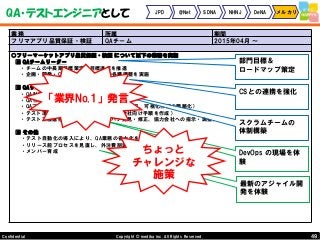 49Copyright © mediba inc. All Rights Reserved.Confidential
QA・テストエンジニアとして JPD @Net SDNA NHNJ DeNA メルカリ
業務 所属 期間
フリマアプリ品質保証・検証 QAチーム 2015年04月 ～
○フリーマーケットアプリ品質保証・検証 について以下の業務を実施
■ QAチームリーダー
・チームの中長期目標策定＆目標達成を推進
・企画・開発・CSなどの関連部署との各種調整を実施
■ QAリード
・QA計画の策定＆サポート
・QA作業省力化の提案
・QAプロジェクトの可視化推進（各種メトリクス、可視化作業の簡略化）
・テスト項目作成の指導・管理（社外協力会社向け手順を作成）
・テスト工程進捗管理（準備、実施、バグ発見・修正、協力会社への指示・調整）
■ その他
・テスト自動化の導入により、QA業務の省力化を実現
・リリース前プロセスを見直し、外注費削減 と リードタイム短縮を実現
・メンバー育成
部門目標＆
ロードマップ策定
CSとの連携を強化
スクラムチームの
体制構築
DevOps の現場を体
験
最新のアジャイル開
発を体験
ちょっと
チャレンジな
施策
「業界No.1」発言
 