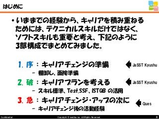 8Copyright © mediba inc. All Rights Reserved.Confidential
はじめに
•いままでの経験から、キャリアを積み重ねる
ためには、テクニカルスキルだけではなく、
ソフトスキルも重要と考え、下記のように
3部構成でまとめてみました。
1. 序 ： キャリアチェンジの準備
– 棚卸し、面接準備
2. 破 ： キャリアプランを考える
– スキル標準、Test.SSF、ISTQB の活用
3. 急 ： キャリアチェンジ・アップの次に
– キャリアチェンジ後の活動経験
Ques
JaSST Kyushu
JaSST Kyushu
 