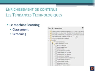ENRICHISSEMENT DE CONTENUS
LES TENDANCES TECHNOLOGIQUES
 Le machine learning
• Classement
• Screening
 