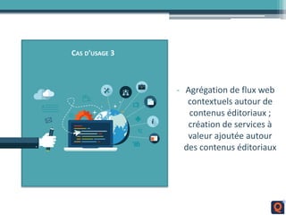 CAS D’USAGE 3
- Agrégation de flux web
contextuels autour de
contenus éditoriaux ;
création de services à
valeur ajoutée autour
des contenus éditoriaux
 