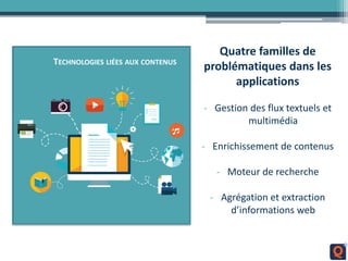TECHNOLOGIES LIÉES AUX CONTENUS
Quatre familles de
problématiques dans les
applications
- Gestion des flux textuels et
multimédia
- Enrichissement de contenus
- Moteur de recherche
- Agrégation et extraction
d’informations web
 