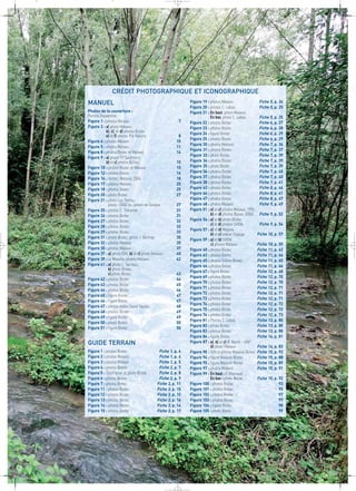 CRÉDIT PHOTOGRAPHIQUE ET ICONOGRAPHIQUE 
MANUEL 
Photos de la couverture : 
Figure 1 : 7 
Figure 2 : 
8 
Figure 4 : 10 
Figure 5 : 11 
Figure 8 : 14 
Figure 9 : 
15 
Figure 10 : 15 
Figure 12 : 16 
Figure 14 : 18 
Figure 17 : 25 
Figure 18 : 25 
Figure 20 : 27 
Figure 21 : 
27 
Figure 25 : 31 
Figure 26 : 31 
Figure 27 : 32 
Figure 28 : 32 
Figure 29 : 33 
Figure 31 : 35 
Figure 32 : 35 
Figure 35 : 37 
Figure 37 : 40 
Figure 39 : 42 
Figure 41 : 
43 
Figure 42 : 44 
Figure 43 : 45 
Figure 44 : 46 
Figure 45 : 47 
Figure 46 : 47 
Figure 47 : 48 
Figure 48 : 49 
Figure 49 : 49 
Figure 50 : 50 
Figure 51 : 50 
GUIDE TERRAIN 
Figure 1 : Fiche 1, p. 4 
Figure 2 : Fiche 1, p. 4 
Figure 3 : Fiche 1, p. 5 
Figure 4 : Fiche 2, p. 7 
Figure 5 : Fiche 2, p. 8 
Figure 6 : Fiche 2, p. 9 
Figure 7 : Fiche 3, p. 11 
Figure 11 : Fiche 3, p. 15 
Figure 12 : Fiche 3, p. 15 
Figure 13 : Fiche 3, p. 16 
Figure 14 : Fiche 3, p. 16 
Figure 15 : Fiche 3, p. 17 
Figure 19 : Fiche 5, p. 24 
Figure 20 : Fiche 5, p. 25 
Figure 21 : 
Fiche 5, p. 25 
Figure 22 : Fiche 6, p. 27 
Figure 23 : Fiche 6, p. 28 
Figure 24 : Fiche 6, p. 29 
Figure 25 : Fiche 6, p. 29 
Figure 30 : Fiche 7, p. 36 
Figure 31 : Fiche 7, p. 37 
Figure 33 : Fiche 7, p. 39 
Figure 34 : Fiche 7, p. 39 
Figure 35 : Fiche 7, p. 39 
Figure 36 : Fiche 7, p. 40 
Figure 37 : Fiche 7, p. 40 
Figure 38 : Fiche 7, p. 41 
Figure 43 : Fiche 8, p. 46 
Figure 44 : Fiche 8, p. 41 
Figure 47 : Fiche 8, p. 47 
Figure 48 : Fiche 9, p. 49 
Figure 51 : 
Fiche 9, p. 52 
Figure 54 : 
Fiche 9, p. 54 
Figure 57 : 
Fiche 10, p. 57 
Figure 59 : 
Fiche 10, p. 59 
Figure 60 : Fiche 11, p. 62 
Figure 63 : Fiche 11, p. 64 
Figure 65 : Fiche 11, p. 65 
Figure 66 : Fiche 11, p. 66 
Figure 67 : Fiche 12, p. 68 
Figure 69 : Fiche 12, p. 70 
Figure 70 : Fiche 12, p. 70 
Figure 71 : Fiche 12, p. 71 
Figure 72 : Fiche 12, p. 71 
Figure 73 : Fiche 12, p. 71 
Figure 74 : Fiche 12, p. 72 
Figure 75 : Fiche 12, p. 72 
Figure 76 : Fiche 12, p. 73 
Figure 81 : Fiche 13, p. 80 
Figure 82 : Fiche 13, p. 80 
Figure 83 : Fiche 13, p. 80 
Figure 84 : Fiche 14, p. 81 
Figure 87 : 
Fiche 14, p. 83 
Figure 98 : Fiche 15, p. 92 
Figure 94 : Fiche 15, p. 88 
Figure 95 : Fiche 15, p. 89 
Figure 97 : Fiche 15, p. 91 
Figure 99 : 
Fiche 15, p. 92 
Figure 100 : 93 
Figure 101 : 95 
Figure 102 : 97 
Figure 103 : 97 
Figure 104 : 98 
Figure 105 : 99 
_ / / g 
 