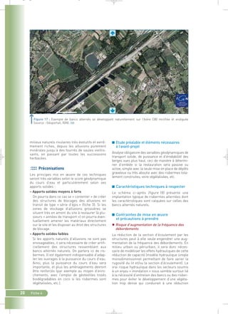 _ _ g 
Figure 17 : Exemple de bancs alternés se développant naturellement sur l’Isère (38) rectifiée et endiguée 
(source : Géoportail, IGN).` 
■ Etude préalable et éléments nécessaires 
à l’avant-projet 
Analyse obligatoire des variables géodynamiques de 
transport solide, de puissance et d’érodabilité des 
berges vues plus haut, ceci de manière à détermi-ner 
d’emblée si la restauration sera passive ou 
active, simple avec la seule mise en place de dépôts 
graveleux ou très aboutie avec des risbermes tota-lement 
construites, voire végétalisées, etc. 
■ Caractéristiques techniques à respecter 
Le schéma ci-après (figure 18) présente une 
implantation typique de risbermes alternées dont 
les caractéristiques sont calquées sur celles des 
bancs alternés naturels. 
■ Contraintes de mise en oeuvre 
et précautions à prendre 
 Risque d’augmentation de la fréquence des 
débordements 
La réduction de la section d’écoulement par les 
structures peut à elle seule engendrer une aug-mentation 
de la fréquence des débordements. En 
milieu urbain ou périurbain, il sera donc néces-saire 
de modéliser les effets hydrauliques de cette 
réduction de capacité (modèle hydraulique simple 
monodimensionnel permettant de faire varier la 
rugosité du lit et/ou la section d’écoulement). Le 
vrai risque hydraulique dans les secteurs soumis 
à un enjeu « inondation » nous semble surtout lié 
à la nécessité d’entretien des bancs ou des risber-mes 
pour éviter le développement d’une végéta-tion 
trop dense qui conduirait à une réduction 
milieux naturels rivulaires très évolutifs et extrê-mement 
20 Fiche 4 
riches, depuis les alluvions purement 
minérales jusqu’à des fourrés de saules vieillis-sants, 
en passant par toutes les successions 
herbacées. 
Préconisations 
Les principes mis en oeuvre de ces techniques 
seront très variables selon le score géodynamique 
du cours d’eau et particulièrement selon ses 
apports solides : 
– Apports solides moyens à forts 
On pourra dans ce cas se « contenter » de créer 
des structures de blocages des alluvions en 
transit de type « série d’épis » (fiche 3). Si les 
zones de stockage d’alluvions grossières se 
situent très en amont du site à restaurer (à plu-sieurs 
« années de transport ») on pourra éven-tuellement 
amener les matériaux directement 
sur le site et les disposer au droit des structures 
de blocage. 
– Apports solides faibles 
Si les apports naturels d’alluvions ne sont pas 
envisageables, il sera nécessaire de créer artifi-ciellement 
des structures ressemblant aux 
bancs alternés naturels. On parlera ici de ris-bermes. 
Il est également indispensable d’adap-ter 
les ouvrages à la puissance du cours d’eau. 
Ainsi, plus la puissance du cours d’eau sera 
importante, et plus les aménagements devront 
être renforcés (par exemple au moyen d’enro-chements, 
avec l’emploi de géotextiles tissés 
biodégradables en coco si les risbermes sont 
végétalisées, etc.). 
 