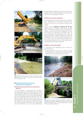 FICHE 5 
Reconstitution du matelas alluvial 
25 
■ Contraintes de mise en oeuvre 
et précautions à prendre 
 Choix de la granulométrie des alluvions à 
apporter 
Si l’on souhaite se rapprocher des conditions 
naturelles antérieures aux altérations, les maté-riaux 
apportés devront être sensiblement de la 
même granulométrie et du même type géologique 
que ceux disponibles dans les portions non alté-rées 
du tronçon de cours d’eau ou d’autres cours 
d’eau de même type. On évitera autant que possi-ble 
d’apporter une trop grosse quantité de fines. 
Un tri granulométrique pourra donc éventuelle-ment 
être effectué sur le site de prélèvement 
(augmentation notable des coûts). Par exemple, il 
pourrait s’agir d’une granulométrie du type 100- 
150 mm et non du type 0-150 mm. 
 Choix des volumes à apporter 
Une règle simple consiste à se baser sur l’épais-seur 
moyenne de la couverture alluviale anté-rieure 
à l’incision ou sur d’autres tronçons non 
altérés. 
Notons qu’une épaisseur moyenne de 50 cm, 
quelle que soit la taille du cours d’eau, semble 
être une valeur minimale pour que puissent se 
rétablir certaines fonctions écologiques du mate-las 
alluvial et notamment les habitats pour la 
faune benthique et hyporhéique, les zones de 
reproduction pour certaines espèces de poissons 
lithophiles (truite, ombre, barbeau, vandoise, che-vaine, 
hotu, etc.), les zones d’enracinement pour 
de nombreux éléments de la flore aquatique ou 
rivulaire (celle des bancs alluviaux). 
 Mise en oeuvre des dépôts 
La réinjection des sédiments peut se faire de 
diverses façons : 
– simple dépôt des matériaux le long de la berge 
et attente de leur reprise par le cours d’eau ou 
déversement en vrac dans le cours d’eau ; 
Figure 20 : Exemples de travaux de recharge allu-viale 
sur la Scie (76), avec mise en forme des maté-riaux 
apportés.` 
Figure 21 : En haut, exemple de dépôt de matériaux le 
long de la berge en attente d’une reprise par le cours 
d’eau l’Azergues (69). En bas, déversement de maté-riaux 
dans la Scie (76).`. 
_ _ g 
 