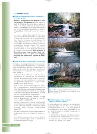 ■ Contraintes de mise en oeuvre 
et précautions à prendre 
On veillera à éviter au maximum la mise en sus-pension 
de sédiments lors des travaux (effets de 
colmatage du fond du lit à l’aval, « asphyxie » de 
certains éléments de la faune aquatique). On évi-tera 
dans la mesure du possible les travaux « en 
eau » (figure 25) : 
– en détournant les écoulements dans une cana-lisation 
provisoire pour les petits cours d’eau ; 
– en travaillant par « moitié » du lit et batardeaux 
pour les plus grands cours d’eau. 
Préconisations 
■ Etude préalable et éléments nécessaires 
à l’avant-projet 
– Nécessité d’un profil en long détaillé du tron-çon 
de cours d’eau concerné. En effet, même au 
stade de l’étude préliminaire, aucun calage de 
seuil ou de rampe (définition du nombre d’ou-vrages 
à mettre en place, du dénivelé à compen-ser, 
etc.) ne peut être proposé sans un profil en 
long de l’état initial avant travaux de restaura-tion. 
– La mise en place d’ouvrages transversaux 
(seuils/rampes) doit être utilisée uniquement 
en tant que « remède » à un dysfonctionne-ment 
identifié (incision, homogénéisation des 
faciès, déconnexion des zones annexes au 
cours d’eau), de manière à rétablir un profil en 
long équilibré du cours d’eau. Cette mesure 
de restauration ne doit en aucun cas artificia-liser 
davantage le cours d’eau en provoquant 
de nouvelles perturbations. Dans cet esprit, le 
dimensionnement des ouvrages doit s’ac-compagner 
28 Fiche 6 
d’une analyse des impacts 
attendus des propositions (positifs et néga-tifs). 
■ Caractéristiques techniques à rechercher 
Sur la base d’un diagnostic et d’un recensement 
des espèces piscicoles présentes (ou potentielle-ment 
désirables) sur le cours d’eau considéré, on 
veillera à construire des ouvrages parfaitement 
franchissables en respectant les principes sui-vants 
(figure 24) : 
– hauteur de chute inférieure à ~ 20 cm, et si la 
dénivellation de l’ouvrage doit être supérieure 
(rampe), développement de surfaces hétérogè-nes, 
avec une succession de zones localement 
plus profondes et propices au « repos » inter-médiaire 
de la faune piscicole ; 
– mise en place de structures rugueuses, facili-tant 
la progression du poisson et limitant les 
effets d’accélération des courants hydrauliques, 
en particulier en partie amont de l’ouvrage qui 
constitue le point le plus sensible pour la faune 
piscicole (fatigue due à la progression) ; 
– développement d’ouvrages (rampes) à faible 
pente et généralement inférieure ou égale à 5 
Horizontal/1Vertical (5H/1V) ; 
– ancrage suffisamment profond, à la fois côté 
amont et aval de l’ouvrage réalisé, afin d’éviter 
qu’une éventuelle incision du lit mineur, même 
localisée, rende l’ouvrage infranchissable 
(figure 23) ; 
– ancrage suffisamment profond des ouvrages en 
berges, pour éviter un risque de contourne-ment 
; 
– forme légèrement incurvée ou cintrée de l’ou-vrage 
en son centre, pour éviter un étalement de 
la lame d’eau lors de l’étiage. 
Exemples d’affouillements en pied de 
seuils, rendant les ouvrages infranchissables par la 
faune piscicole.` 
_ _ g 
 