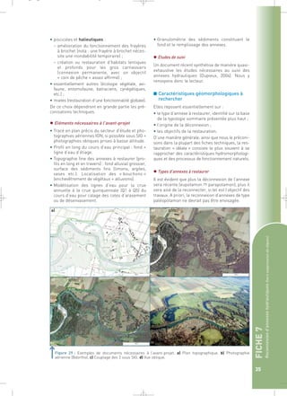 FICHE 7 
Reconnexion d’annexes hydrauliques (hors suppression de digues) 
35 
_ _ g 
• piscicoles et halieutiques : 
– amélioration du fonctionnement des frayères 
à brochet (nota : une frayère à brochet néces-site 
une inondabilité temporaire) ; 
– création ou restauration d’habitats lentiques 
et profonds pour les gros carnassiers 
(connexion permanente, avec un objectif 
« coin de pêche » assez affirmé) ; 
• essentiellement autres (écologie végétale, avi-faune, 
entomofaune, batraciens, cynégétiques, 
etc.) ; 
• mixtes (restauration d’une fonctionnalité globale). 
De ce choix dépendront en grande partie les pré-conisations 
techniques. 
 Eléments nécessaires à l’avant-projet 
• Tracé en plan précis du secteur d’étude et pho-tographies 
aériennes IGN, si possible sous SIG + 
photographies obliques prises à basse altitude. 
• Profil en long du cours d’eau principal : fond + 
ligne d’eau d’étiage. 
• Topographie fine des annexes à restaurer (pro-fils 
en long et en travers) : fond alluvial grossier, 
surface des sédiments fins (limons, argiles, 
vases etc.). Localisation des « bouchons » 
(enchevêtrement de végétaux + alluvions). 
• Modélisation des lignes d’eau pour la crue 
annuelle à la crue quinquennale (Q1 à Q5) du 
cours d’eau pour calage des cotes d’arasement 
ou de désenvasement. 
• Granulométrie des sédiments constituant le 
fond et le remplissage des annexes. 
 Etudes de suivi 
Un document récent synthétise de manière quasi-exhaustive 
les études nécessaires au suivi des 
annexes hydrauliques (Dupieux, 2004). Nous y 
renvoyons donc le lecteur. 
■ Caractéristiques géomorphologiques à 
rechercher 
Elles reposent essentiellement sur : 
• le type d’annexe à restaurer, identifié sur la base 
de la typologie sommaire présentée plus haut ; 
• l’origine de la déconnexion ; 
• les objectifs de la restauration. 
D’une manière générale, ainsi que nous le préconi-sons 
dans la plupart des fiches techniques, la res-tauration 
« idéale » consiste le plus souvent à se 
rapprocher des caractéristiques hydromorphologi-ques 
et des processus de fonctionnement naturels. 
 Types d’annexes à restaurer 
Il est évident que plus la déconnexion de l’annexe 
sera récente (eupotamon ➱ parapotamon), plus il 
sera aisé de la reconnecter, si tel est l’objectif des 
travaux. A priori, la reconnexion d’annexes de type 
paléopotamon ne devrait pas être envisagée. 
b) 
c) d) 
Figure 29 : Exemples de documents nécessaires à l’avant-projet. a) Plan topographique, b) Photographie 
aérienne (Bdortho). c) Couplage des 2 sous SIG, d) Vue oblique. 
 