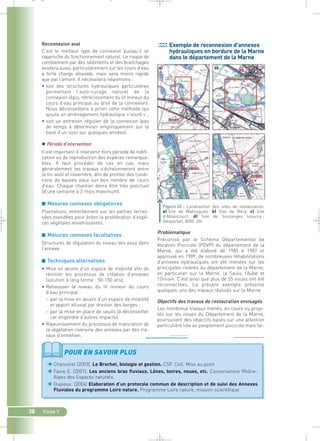 d) 
Figure 32 : Localisation des sites de restauration. 
a) Site de Matougues. b) Site de Récy. c) Site 
d’Ablancourt. d) Site de Soulanges (source : 
Géoportail, IGN).` 
Problématique 
Préconisé par le Schéma Départemental de 
Vocation Piscicole (PDVP) du département de la 
Marne, qui a été élaboré de 1985 à 1987 et 
approuvé en 1989, de nombreuses réhabilitations 
d’annexes hydrauliques ont été menées sur les 
principales rivières du département de la Marne, 
en particulier sur la Marne, la Saulx, l’Aube et 
l’Ornain. C’est ainsi que plus de 55 noues ont été 
reconnectées. Le présent exemple présente 
quelques-uns des travaux réalisés sur la Marne. 
Objectifs des travaux de restauration envisagés 
Les nombreux travaux menés, en cours ou proje-tés 
sur les noues du Département de la Marne, 
poursuivent des objectifs basés sur une attention 
particulière liée au peuplement piscicole mais fai- 
_ _ g 
38 Fiche 7 
Exemple de reconnexion d’annexes 
hydrauliques en bordure de la Marne 
dans le département de la Marne 
Reconnexion aval 
C’est le meilleur type de connexion puisqu’il se 
rapproche du fonctionnement naturel. Le risque de 
comblement par des sédiments et des branchages 
existera aussi, particulièrement sur les cours d’eau 
à forte charge alluviale, mais sera moins rapide 
que par l’amont. Il nécessitera néanmoins : 
• soit des structures hydrauliques particulières 
permettant l’auto-curage naturel de la 
connexion (épis, rétrécissement du lit mineur du 
cours d’eau principal au droit de la connexion). 
Nous déconseillons a priori cette méthode qui 
ajoute un aménagement hydraulique « lourd » ; 
• soit un entretien régulier de la connexion (pas 
de temps à déterminer empiriquement sur la 
base d’un suivi sur quelques années). 
 Période d’intervention 
Il est important d’intervenir hors période de nidifi-cation 
ou de reproduction des espèces remarqua-bles. 
Il faut procéder de cas en cas, mais 
généralement les travaux s’échelonneront entre 
la mi-août et novembre, afin de profiter des condi-tions 
de basses eaux sur bon nombre de cours 
d’eau. Chaque chantier devra être très ponctuel 
(d’une semaine à 2 mois maximum). 
■ Mesures connexes obligatoires 
Plantations, enherbement sur les parties terras-sées 
exondées pour éviter la prolifération d’espè-ces 
végétales envahissantes. 
■ Mesures connexes facultatives 
Structures de régulation du niveau des eaux dans 
l’annexe. 
■ Techniques alternatives 
• Mise en oeuvre d’un espace de mobilité afin de 
réinitier les processus de création d’annexes 
(solution à long terme : 50-150 ans). 
• Rehausser le niveau du lit mineur du cours 
d’eau principal : 
– par la mise en oeuvre d’un espace de mobilité 
et apport alluvial par érosion des berges ; 
– par la mise en place de seuils (à déconseiller 
car engendre d’autres impacts). 
• Rajeunissement du processus de maturation de 
la végétation riveraine des annexes par des tra-vaux 
d’entretien. 
POUR EN SAVOIR PLUS 
Chancerel (2003). Le Brochet, biologie et gestion. CSP. Coll. Mise au point 
Favre E. (2007). Les anciens bras fluviaux. Lônes, boires, noues, etc. Conservatoire Rhône- 
Alpes des Espaces naturels. 
Dupieux. (2004) Elaboration d’un protocole commun de description et de suivi des Annexes 
Fluviales du programme Loire nature. Programme Loire nature, mission scientifique 
 