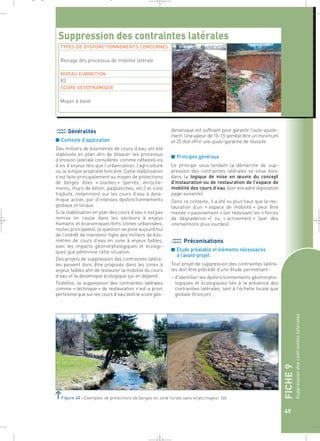 FICHE 9 
Suppression des contraintes latérales 
49 
_ _ g 
Suppression des contraintes latérales 
TYPES DE DYSFONCTIONNEMENTS CONCERNES 
Généralités 
■ Contexte d’application 
Des milliers de kilomètres de cours d’eau ont été 
stabilisés en plan afin de bloquer les processus 
d’érosion latérale considérés comme néfastes vis 
à vis d’enjeux tels que l’urbanisation, l’agriculture 
ou la simple propriété foncière. Cette stabilisation 
s’est faite principalement au moyen de protections 
de berges dites « lourdes » (perrés, enroche-ments, 
murs de béton, palplanches, etc.) et s’est 
traduite, notamment sur les cours d’eau à dyna-mique 
active, par d’intenses dysfonctionnements 
globaux et locaux. 
Si la stabilisation en plan des cours d’eau n’est pas 
remise en cause dans les secteurs à enjeux 
humains et économiques forts (zones urbanisées, 
routes principales), la question se pose aujourd’hui 
de l’intérêt de maintenir figés des milliers de kilo-mètres 
de cours d’eau en zone à enjeux faibles, 
avec les impacts géomorphologiques et écologi-ques 
que pérennise cette situation. 
Des projets de suppression des contraintes latéra-les 
peuvent donc être proposés dans les zones à 
enjeux faibles afin de restaurer la mobilité du cours 
d’eau et la dynamique écologique qui en dépend. 
Toutefois, la suppression des contraintes latérales 
comme « technique » de restauration n’est a priori 
pertinente que sur les cours d’eau dont le score géo-dynamique 
est suffisant pour garantir l’auto-ajuste-ment. 
Une valeur de 10-15 semble être un minimum 
et 25 doit offrir une quasi-garantie de réussite. 
■ Principes généraux 
Le principe sous-tendant la démarche de sup-pression 
des contraintes latérales se situe donc 
dans la logique de mise en oeuvre du concept 
d’instauration ou de restauration de l’espace de 
mobilité des cours d’eau (voir encadré législation 
page suivante). 
Dans ce contexte, il a été vu plus haut que la res-tauration 
d’un « espace de mobilité » peut être 
menée « passivement » (en réduisant les « forces 
de dégradation ») ou « activement » (par des 
interventions plus lourdes). 
Préconisations 
■ Etude préalable et éléments nécessaires 
à l’avant-projet 
Tout projet de suppression des contraintes latéra-les 
doit être précédé d’une étude permettant : 
– d’identifier les dysfonctionnements géomorpho-logiques 
et écologiques liés à la présence des 
contraintes latérales, tant à l’échelle locale que 
globale (tronçon) ; 
Blocage des processus de mobilité latérale 
NIVEAU D’AMBITION 
R3 
SCORE GEODYNAMIQUE 
Moyen à élevé 
Figure 48 : Exemples de protections de berges en zone rurale sans enjeu majeur.` 
 