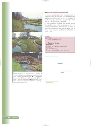 Evolution et appréciation générale 
Le cours d’eau transporte une grande quantité de 
sédiments fins, de sorte que très rapidement des 
dépôts naturels se sont formés en intrados de 
courbure, ce qui concourt à la dynamique natu-relle 
de « recolonisation » végétale. 
Ce site restauré présente une bonne qualité 
d’ensemble avec des aménagements très 
construits et finalisés dès leur mise en place en 
raison du contexte urbain qui ne laisse pas de 
place à une évolution géodynamique latérale du 
cours d’eau. 
a) 
d) 
Figure 66 : Vues du site en date du 26.02.07. a) 
Tronçon médian avec un élargissement du lit mineur 
et la création d’un bras mort. b) Lit « méandri-forme 
» réalisé à l’amont de la passerelle. c) Lit res-tauré 
à l’aval de la passerelle. d) Détail de la grille à 
l’aval du tronçon restauré, où le Bolbec « replonge » 
dans sa canalisation.` 
66 Fiche 11 
CONTACT 
 Rachel Le Neveu 
Organisme : 
SYRIVAL, 32 rue de la République, 
76170 Lillebonne 
E-mail : r.leneveu@smi-port-jerome.fr 
_ _ g 
 
